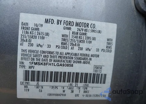 2020 Ford Explorer Limited из США, поврежденный, VIN 1FMSK8FH1LGA93858